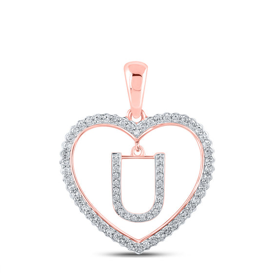 10k Rose Gold Womens Round Diamond Heart U Letter Pendant 1/4 Cttw