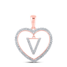  10k Rose Gold Womens Round Diamond Heart V Letter Pendant 1/4 Cttw