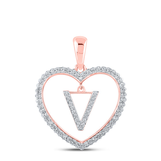 10k Rose Gold Womens Round Diamond Heart V Letter Pendant 1/4 Cttw