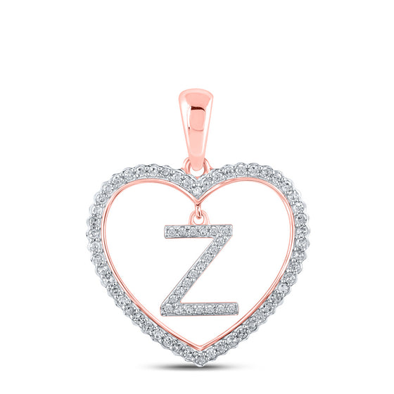 10k Rose Gold Womens Round Diamond Heart Z Letter Pendant 1/4 Cttw