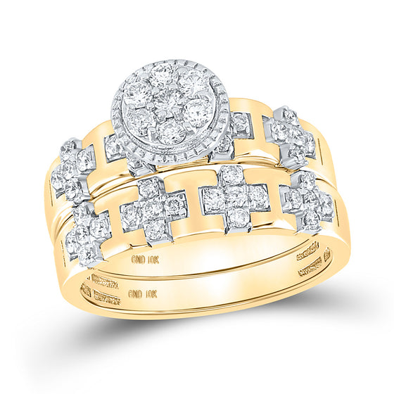 10k Yellow Gold His Hers Round Diamond Cluster Matching Wedding Set 1 Cttw