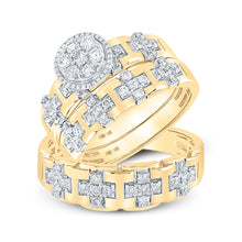  10k Yellow Gold His Hers Round Diamond Cluster Matching Wedding Set 1 Cttw