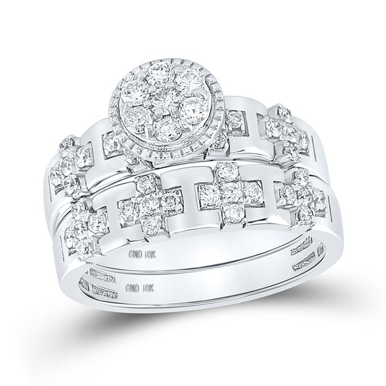 10k White Gold His Hers Round Diamond Cluster Matching Wedding Set 1 Cttw
