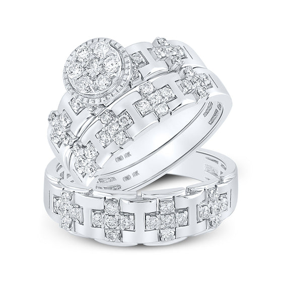 10k White Gold His Hers Round Diamond Cluster Matching Wedding Set 1 Cttw