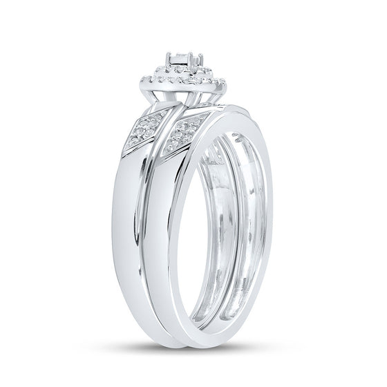 10k White Gold Round Diamond Halo Bridal Wedding Ring Band Set 1/6 Cttw