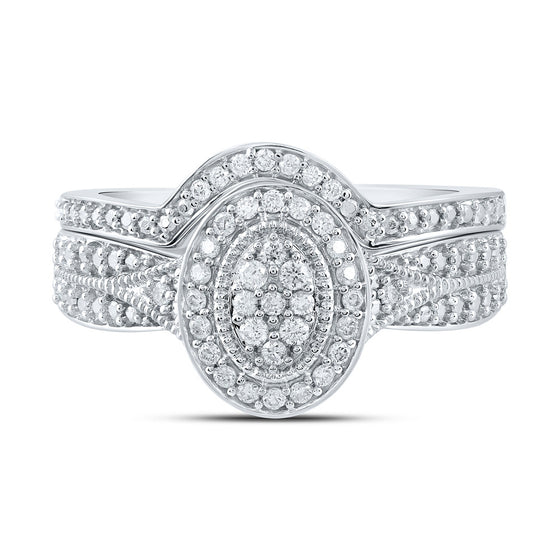 10k White Gold Round Diamond Halo Cluster Bridal Wedding Ring Band Set 1/5 Cttw