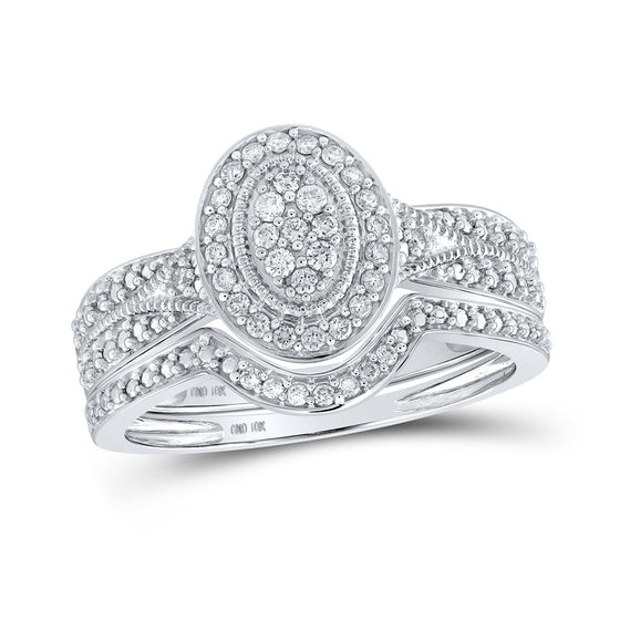 10k White Gold Round Diamond Halo Cluster Bridal Wedding Ring Band Set 1/5 Cttw