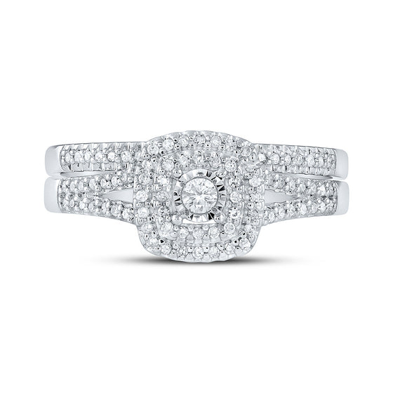 10k White Gold Round Diamond Halo Bridal Wedding Ring Band Set 1/4 Cttw