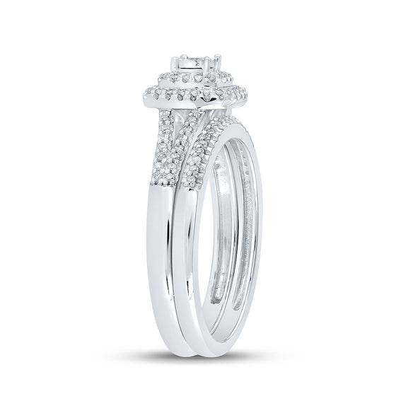 10k White Gold Round Diamond Halo Bridal Wedding Ring Band Set 1/4 Cttw