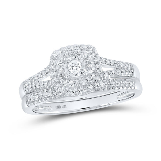 10k White Gold Round Diamond Halo Bridal Wedding Ring Band Set 1/4 Cttw