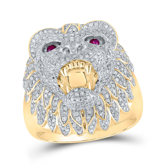 10k Yellow Gold Mens Round Diamond Lion Animal Ring 1-3/8 Cttw