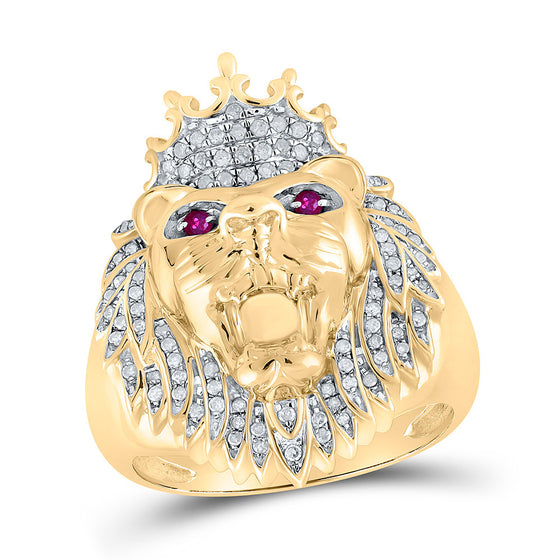 10k Yellow Gold Mens Round Diamond Lion Animal Ring 1/2 Cttw