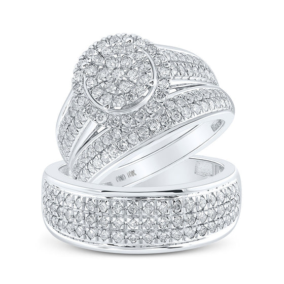 10k White Gold His Hers Round Diamond Cluster Matching Wedding Set 1-3/4 Cttw