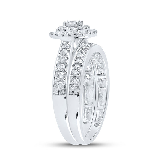 10k White Gold Round Diamond Halo Bridal Wedding Ring Band Set 3/4 Cttw