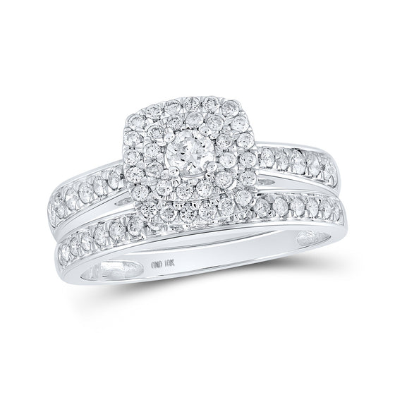 10k White Gold Round Diamond Halo Bridal Wedding Ring Band Set 3/4 Cttw