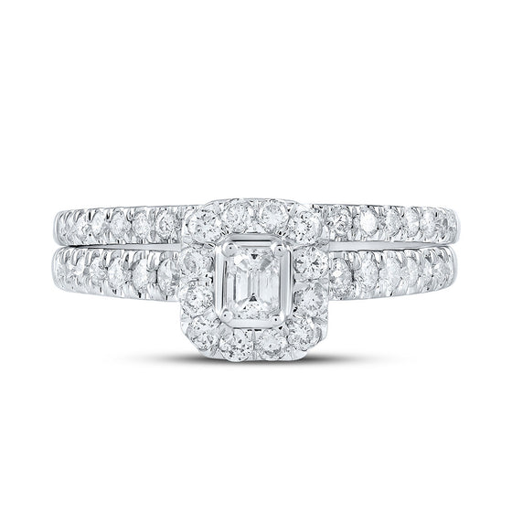 10k White Gold Emerald Diamond Halo Bridal Wedding Ring Band Set 3/4 Cttw