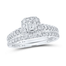  10k White Gold Emerald Diamond Halo Bridal Wedding Ring Band Set 3/4 Cttw