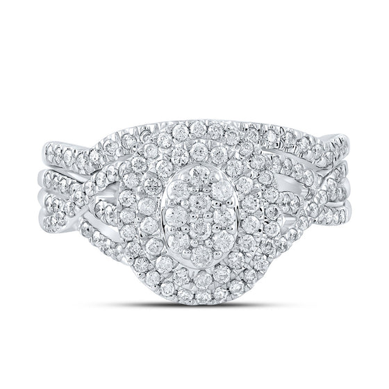 10k White Gold Round Diamond Oval Bridal Wedding Ring Band Set 3/4 Cttw