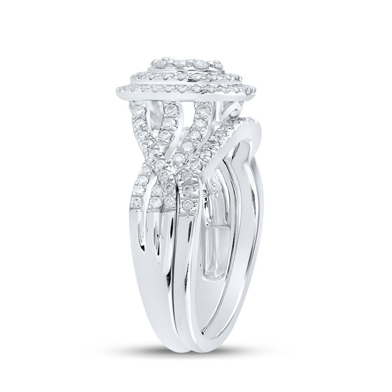10k White Gold Round Diamond Oval Bridal Wedding Ring Band Set 3/4 Cttw