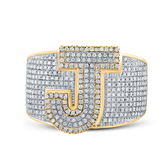 10k Two-tone Gold Mens Round Diamond Initial J Letter Ring 1-1/5 Cttw