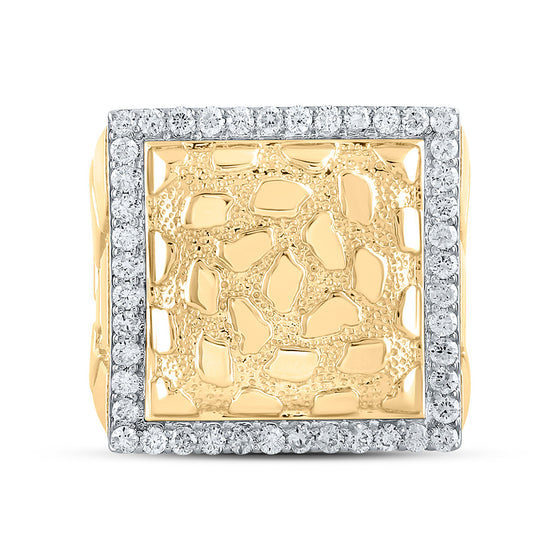 10k Yellow Gold Mens Round Diamond Nugget Square Ring 7/8 Cttw