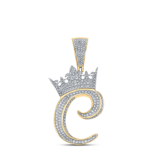 10k Two-tone Gold Mens Round Diamond Crown C Letter Charm Pendant 1-1/3 Cttw