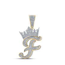  10k Two-tone Gold Mens Round Diamond Crown F Letter Charm Pendant 1-3/8 Cttw