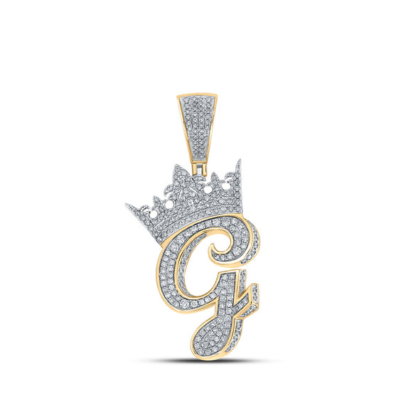 10k Two-tone Gold Mens Round Diamond Crown G Letter Charm Pendant 1-3/8 Cttw