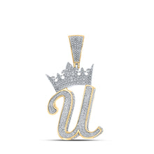  10k Two-tone Gold Mens Round Diamond U Crown Letter Charm Pendant 1-1/2 Cttw