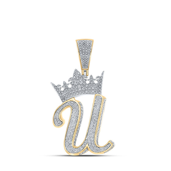 10k Two-tone Gold Mens Round Diamond U Crown Letter Charm Pendant 1-1/2 Cttw