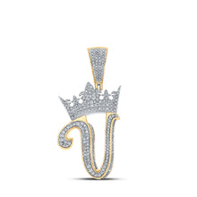  10k Two-tone Gold Mens Round Diamond V Crown Letter Charm Pendant 1-1/5 Cttw