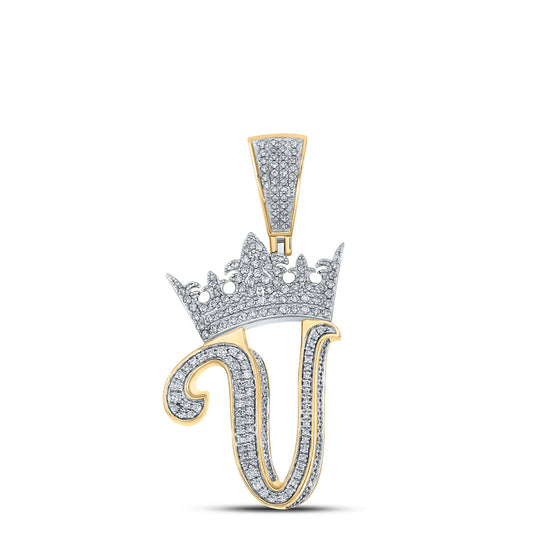10k Two-tone Gold Mens Round Diamond V Crown Letter Charm Pendant 1-1/5 Cttw