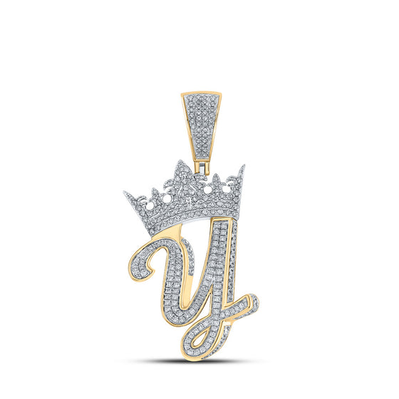 10k Two-tone Gold Mens Round Diamond Y Crown Letter Charm Pendant 1-1/4 Cttw