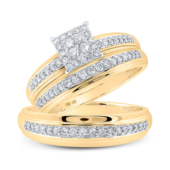 10k Yellow Gold His Hers Round Diamond Square Matching Wedding Set 1/2 Cttw