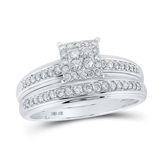 10k White Gold His Hers Round Diamond Square Matching Wedding Set 1/2 Cttw