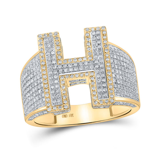 10k Two-tone Gold Mens Round Diamond H Initial Letter Ring 1-1/5 Cttw