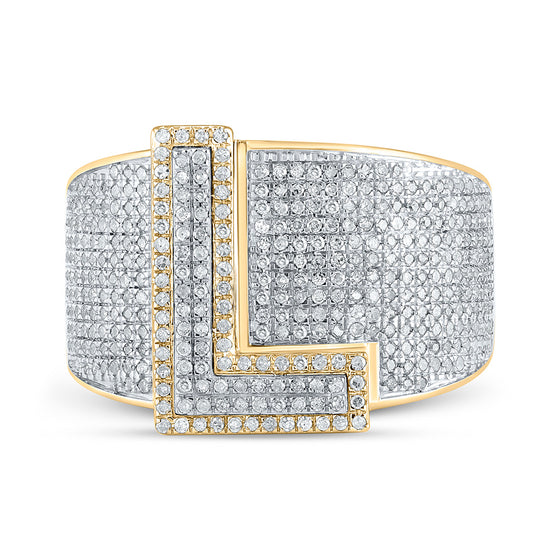 10k Two-tone Gold Mens Round Diamond L Initial Letter Ring 1-1/5 Cttw