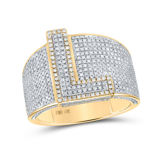 10k Two-tone Gold Mens Round Diamond L Initial Letter Ring 1-1/5 Cttw