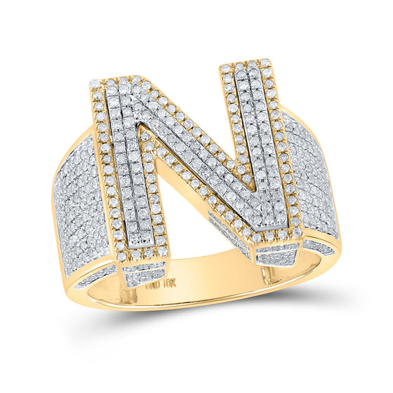 10k Two-tone Gold Mens Round Diamond N Initial Letter Ring 1-1/5 Cttw