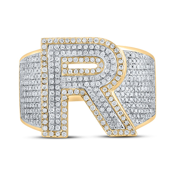 10k Two-tone Gold Mens Round Diamond R Initial Letter Ring 1-1/4 Cttw
