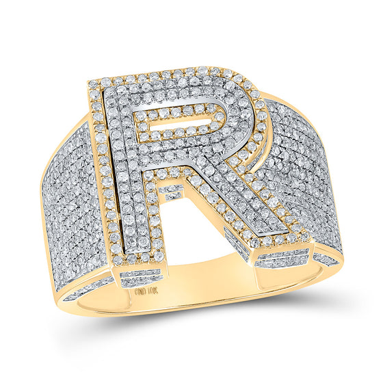 10k Two-tone Gold Mens Round Diamond R Initial Letter Ring 1-1/4 Cttw