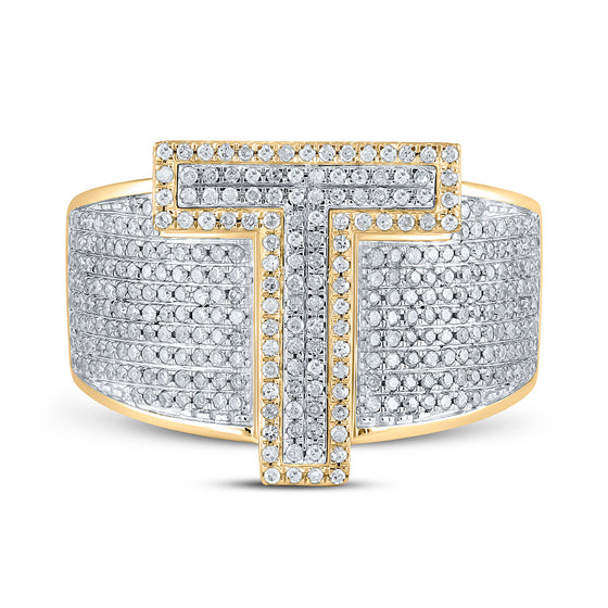 10k Two-tone Gold Mens Round Diamond T Initial Letter Ring 1-1/5 Cttw
