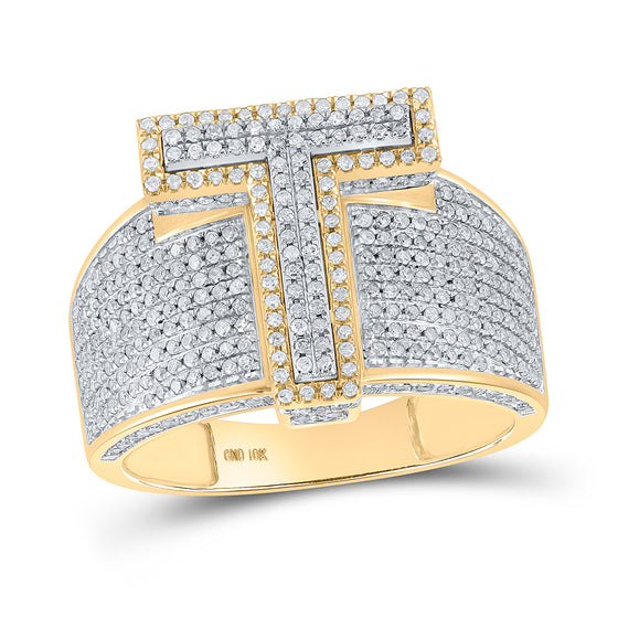 10k Two-tone Gold Mens Round Diamond T Initial Letter Ring 1-1/5 Cttw