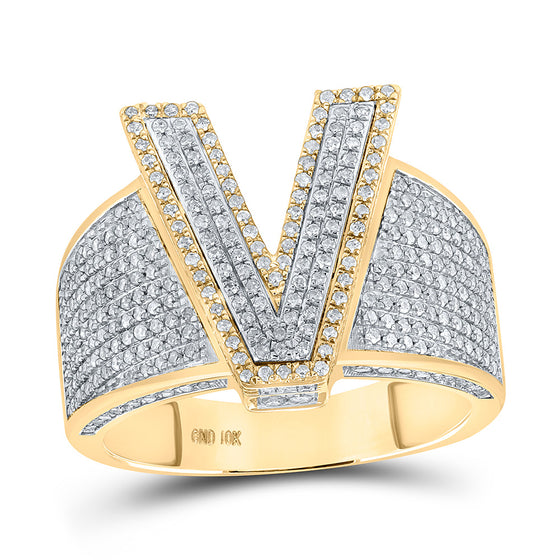 10k Two-tone Gold Mens Round Diamond V Initial Letter Ring 1 Cttw