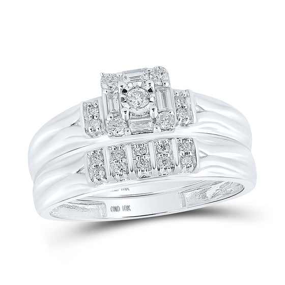 10k White Gold His Hers Round Diamond Square Matching Wedding Set 1/3 Cttw