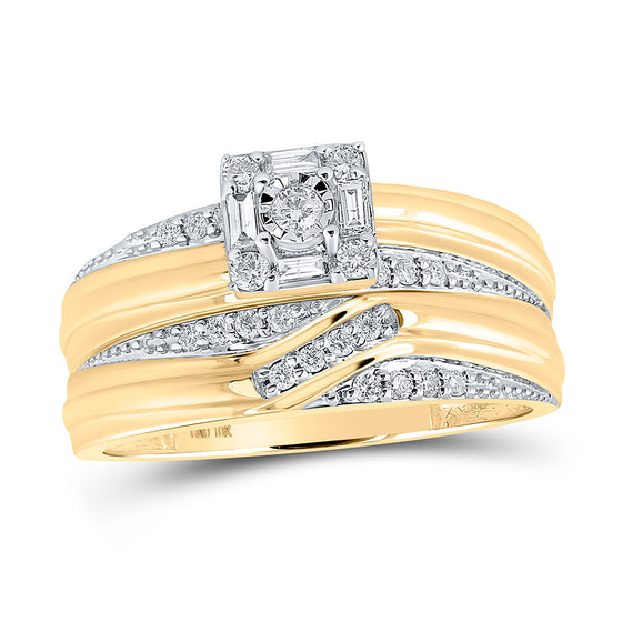 10k Yellow Gold His Hers Round Diamond Square Matching Wedding Set 1/3 Cttw