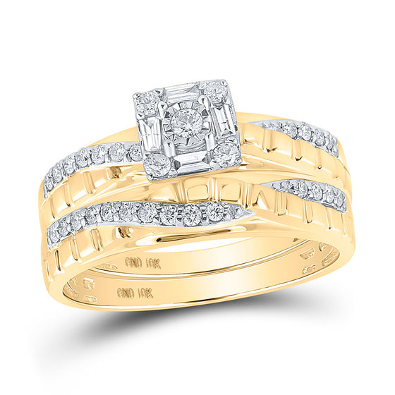 10k Yellow Gold His Hers Round Diamond Square Matching Wedding Set 1/2 Cttw