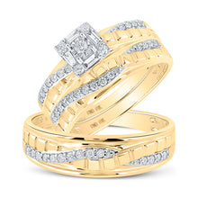  10k Yellow Gold His Hers Round Diamond Square Matching Wedding Set 1/2 Cttw