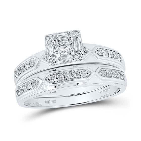 10k White Gold His Hers Round Diamond Square Matching Wedding Set 1/2 Cttw