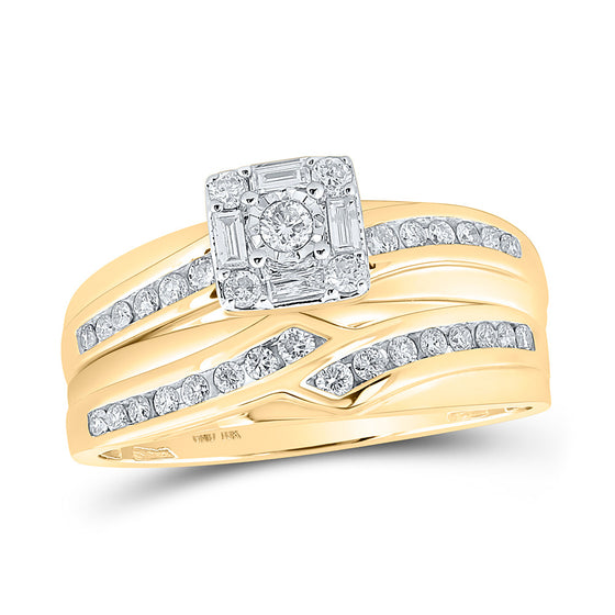 10k Yellow Gold His Hers Round Diamond Square Matching Wedding Set 5/8 Cttw